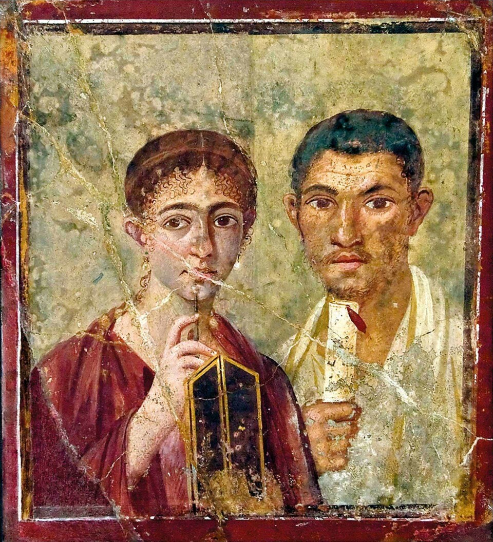 To bokinteresserte fra Pompeii, før 79 e.K, Terentius Neo og hans kone. Han med en skriftrull i høyre hånd, hun med en vokstavle.