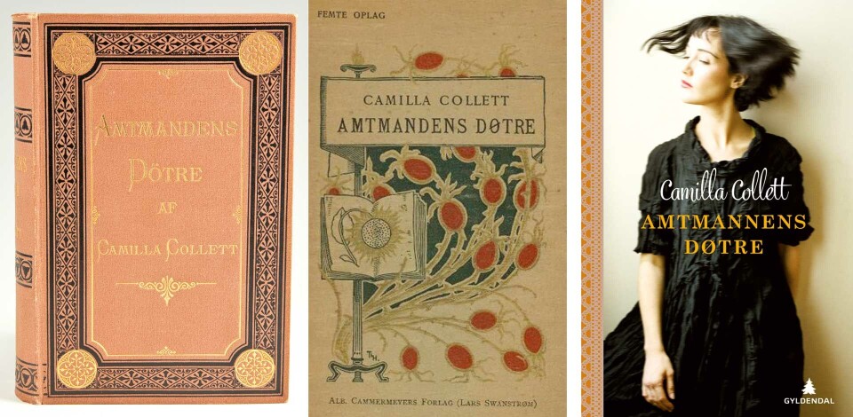 Etter hvert fikk Amtmannens døtre status som klassiker. Fra venstre: Shirtingbind fra 1879, utgaven fra 1897 tegnet av Thorolf Holmboe. «Feministisk» utgave fra 2013. Omslagsdesign: Laila Mjøs/Blæst