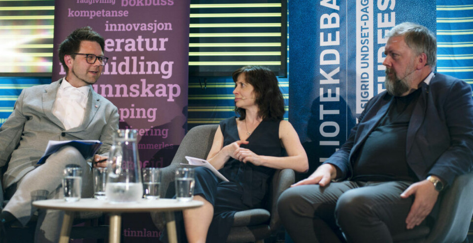 Odin Adelsten Aunan Bohman, Sunniva Evjen og Vidar Lund under debatten på Norsk litteraturfestival onsdag 24. mai. Birgitte Schumann-Olsen satt også i panelet.