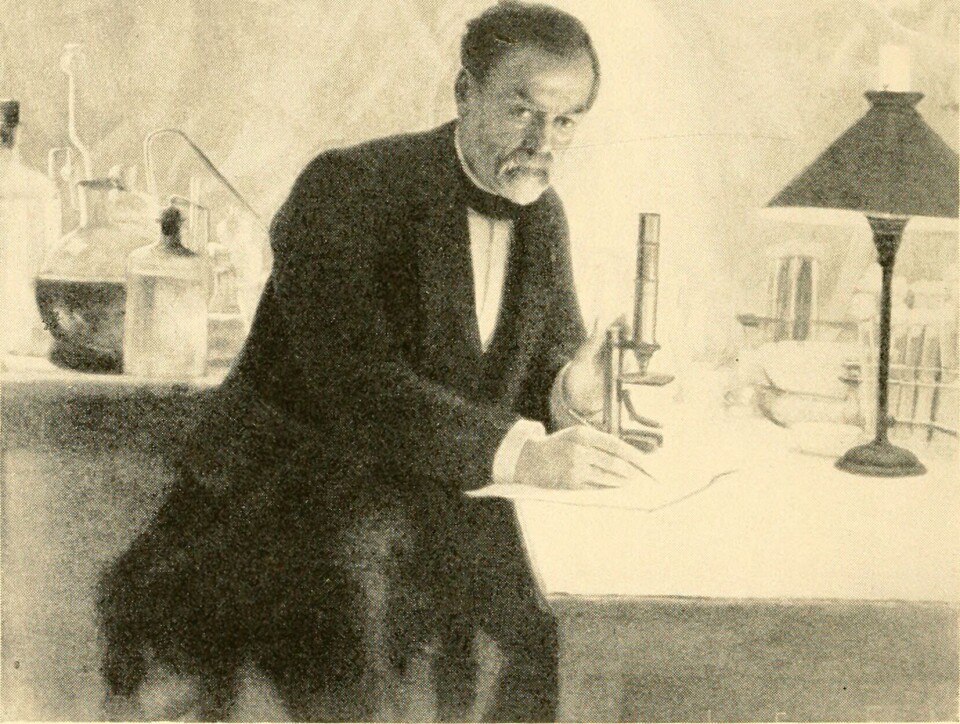 Louis Pasteur i laboratoriet. Illustrasjon fra boka The biology of pneumococcus; the bacteriological, biochemical, and immunological characters and activities of Diplococcus pneumoniae (Benjamin White et al. 1938).