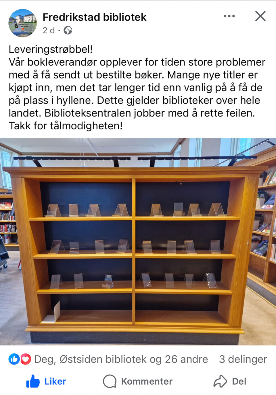 Intet nytt: I løpet av sommeren begynte slike innlegg å dukke opp på sosoiale medier. Her fra Fredrikstad bibliotek sin facbookside 29. august.
