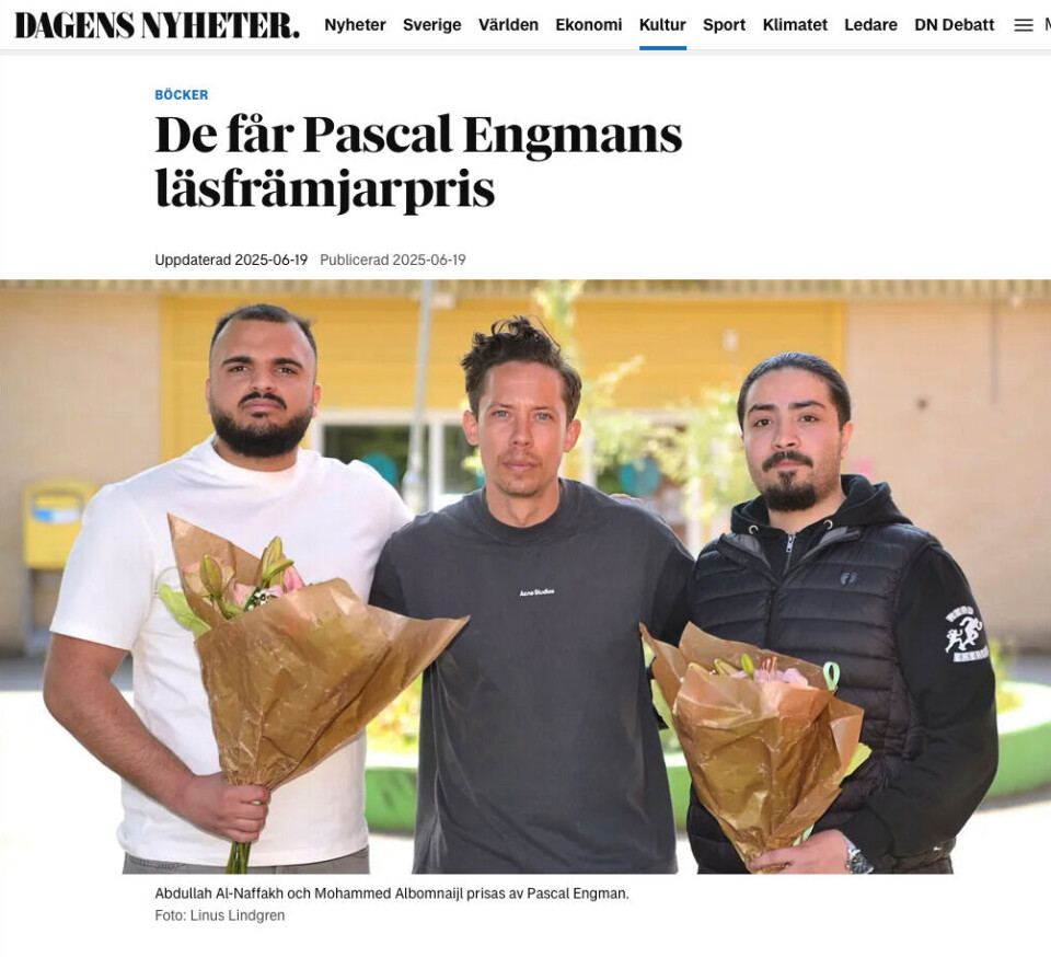Fekk pris: Då forfattaren Pascal Enmans stiftelse i juni for femte gong delte ut prisen Årets läsfrämjare gjekk den til Abdullah Al-Naffakh och Mohammed Albomnaijl.