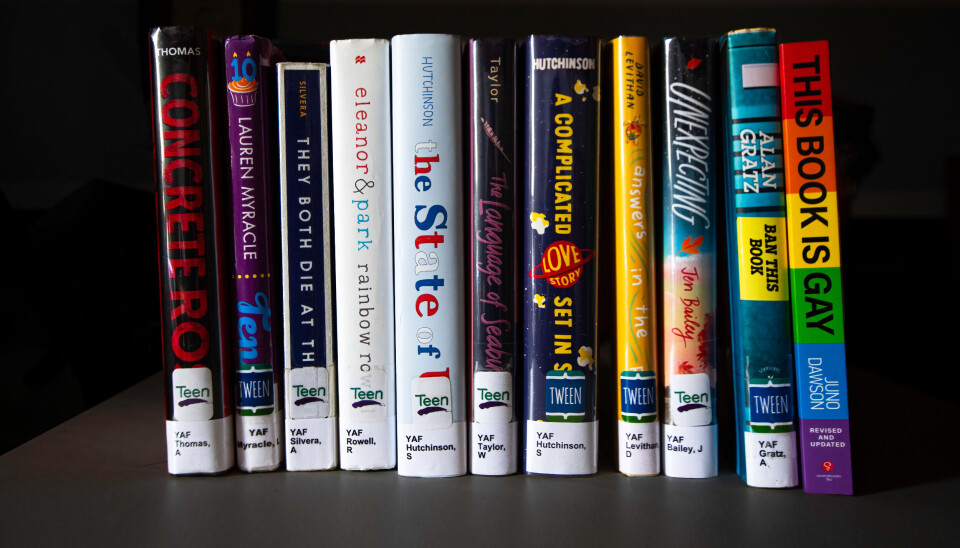 Farleg: Ei samling bøker med LHBTQ+-tematikk frå BookLooks-lista til organisasjonen Moms for Liberty. Bøker på denne lista blir jamleg utsette for forbod i skulebibliotek og offentlege bibliotek.