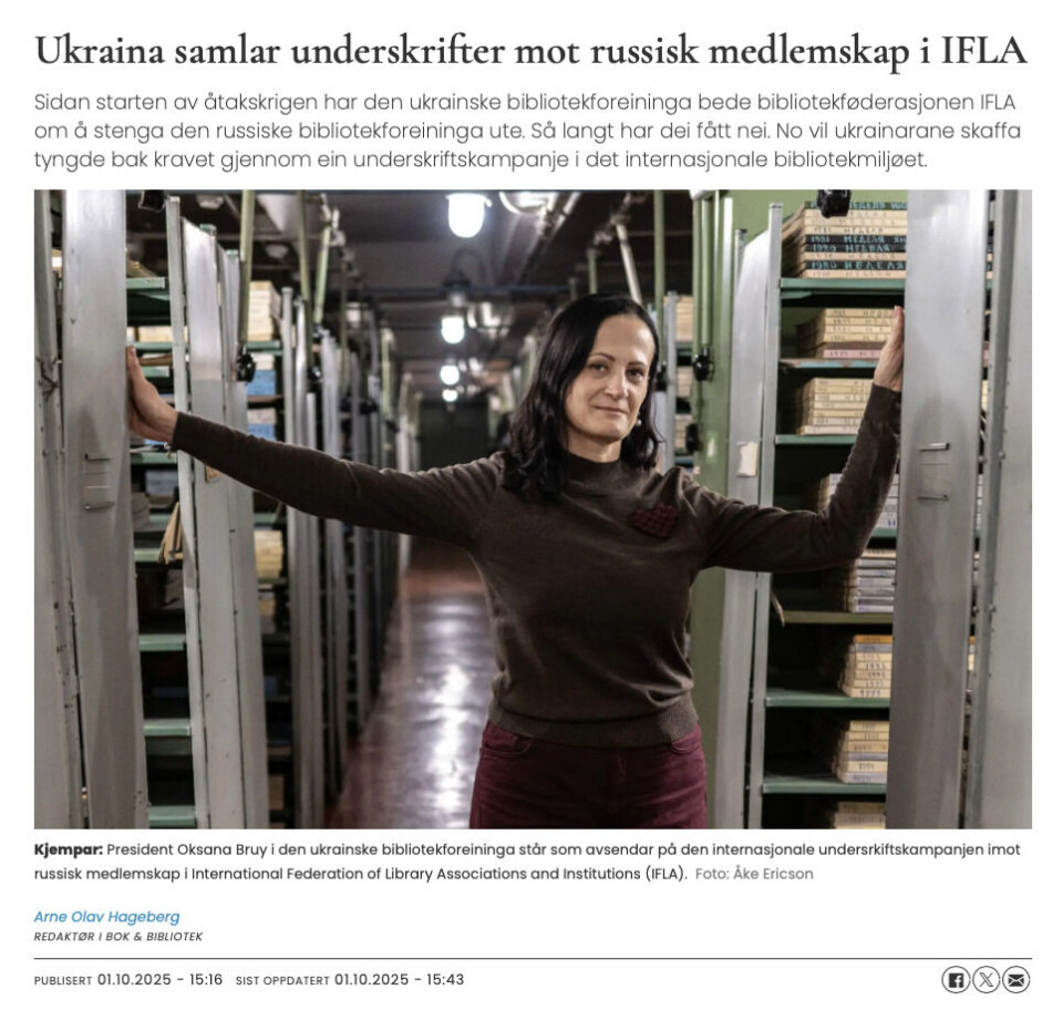 Rask endring: 1. oktober skreiv vi om oppropet og underskriftskampanjen frå Ukraina om utestenging av Russland frå IFLA. No har dei fått svar: Russland er ute etter ikkje å ha betalt kontingenten sin.